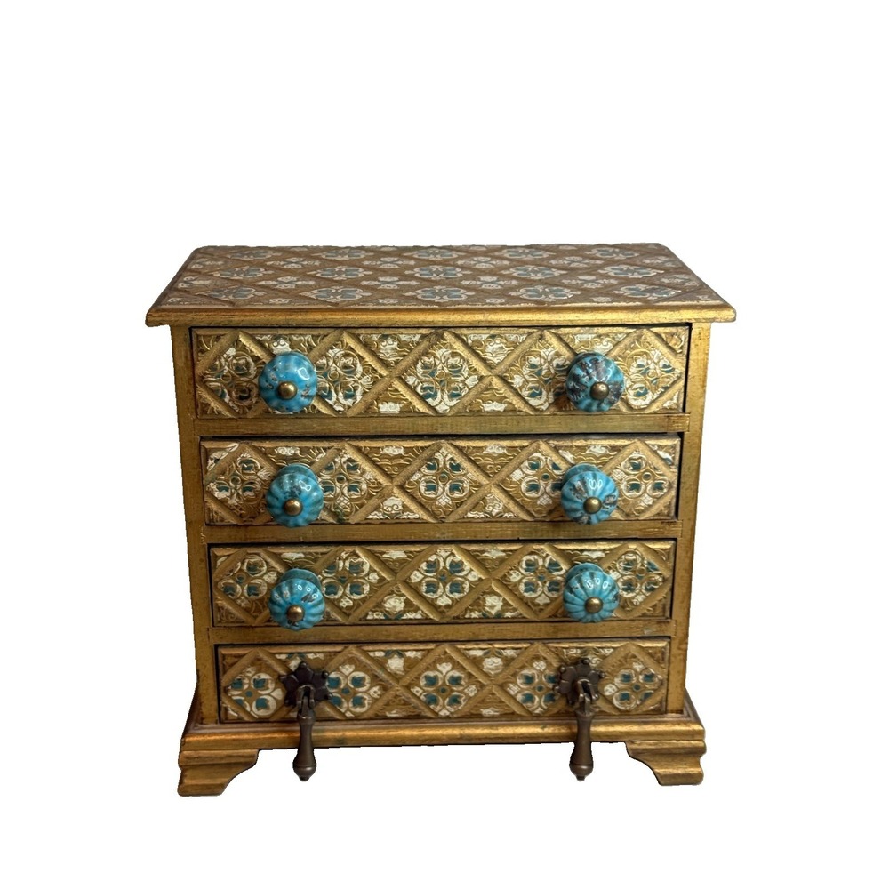 VTG Florentine Style Wooden Jewelry chest 4 Drawer Design Estate Ceramic Knobs